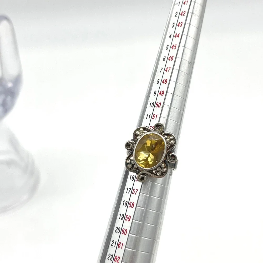 Oval Citrine Sterling Silver Statement Ring‎ Adjustable Size 7 Floral Design